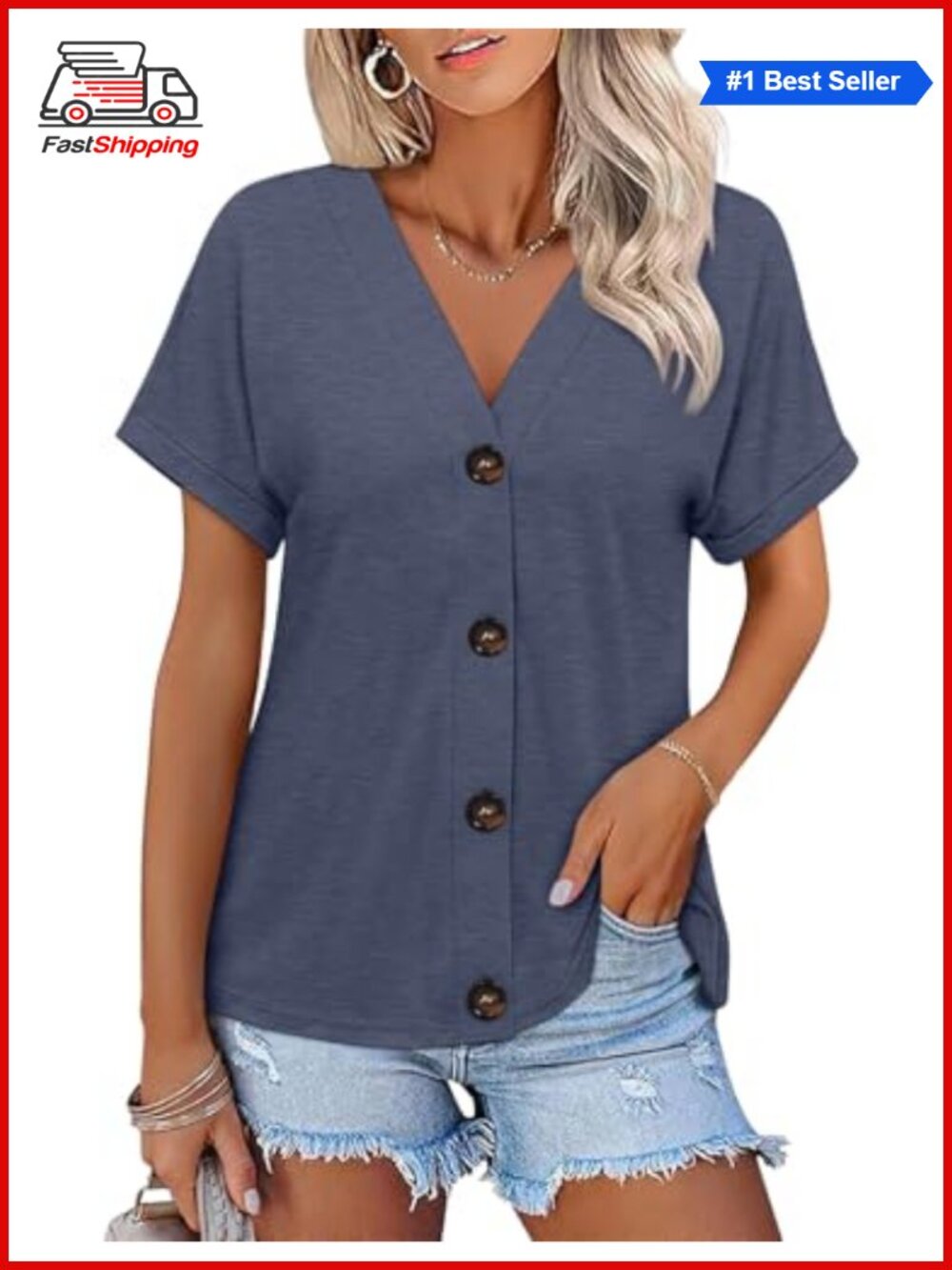 Womens Short Sleeve V Neck Button Down Summer Top Loose Fit Casual Blouse